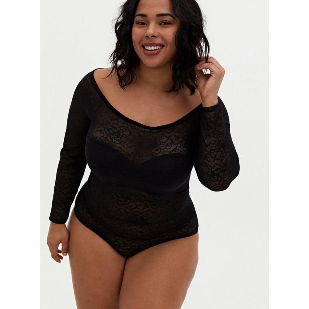 Torrid Bodysuit Lace Off Shoulder 2 Black Sheer Floral Goth Coquette Sexy Alt